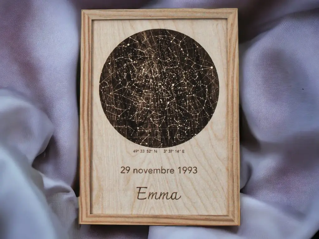 Carte du ciel personnalisée, gravée dans le bois
