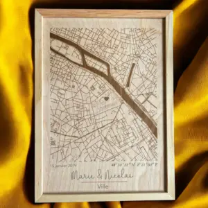 Carte de ville personnalisée, gravée dans le bois